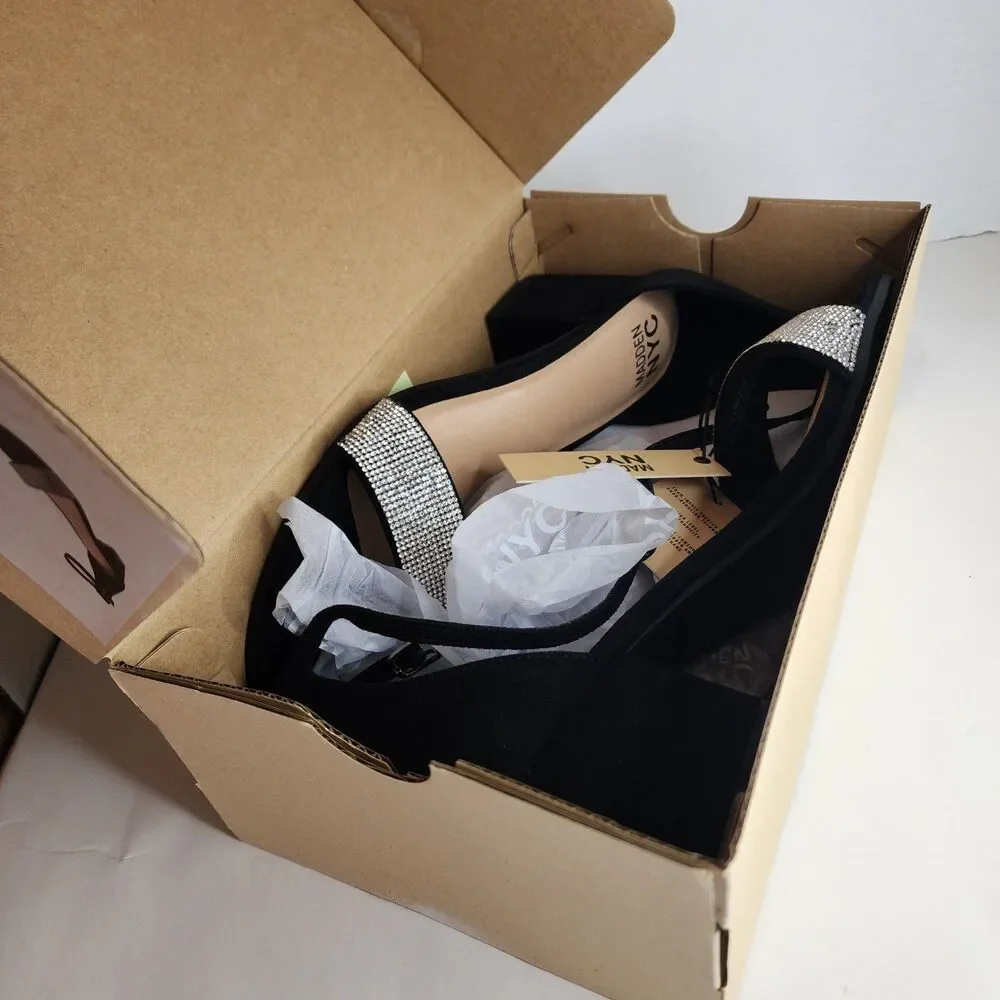 NIB MADDEN NYC WOMENS BLACK SZ 10 RHINESTONE ILLIE CITY BLOCK HEEL STRAPPYSANDAL